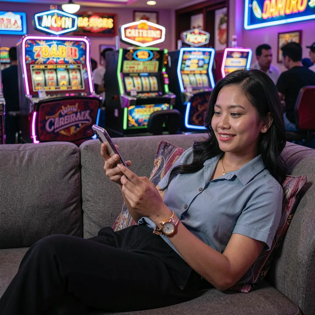 NNPH App – Discover an immersive mobile casino experience for players in the Philippines Relaxed Filipino woman browsing the NNPH casino app on her phone as colorful slot machines and neon lights create an immersive gaming mood