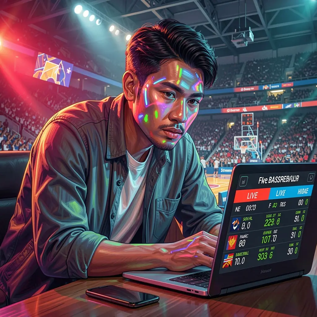 NNPH Bet – Place smart live sports bets with confidence in the Philippines Focused Filipino sports bettor reviewing live basketball odds on a laptop with stadium lights reflecting on his face using the NNPH betting platform