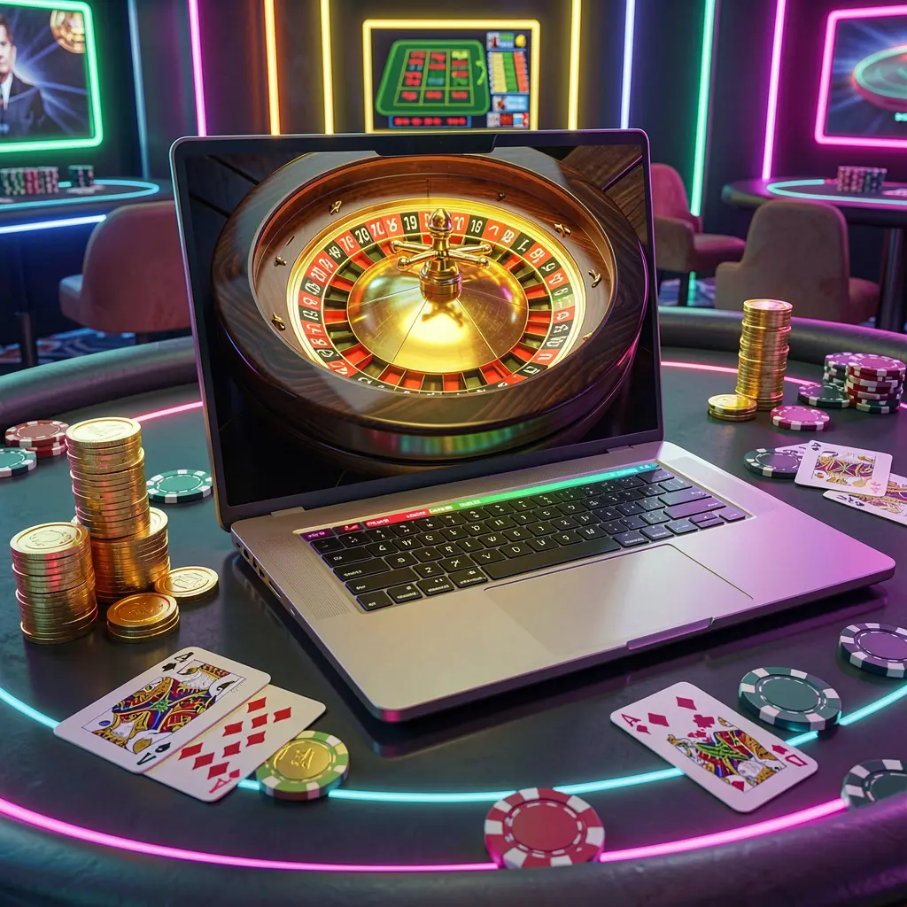 A sleek laptop displaying a vibrant online roulette wheel surrounded by poker chips and playing cards illustrating the premium NNPH casino experience for players in the Philippines